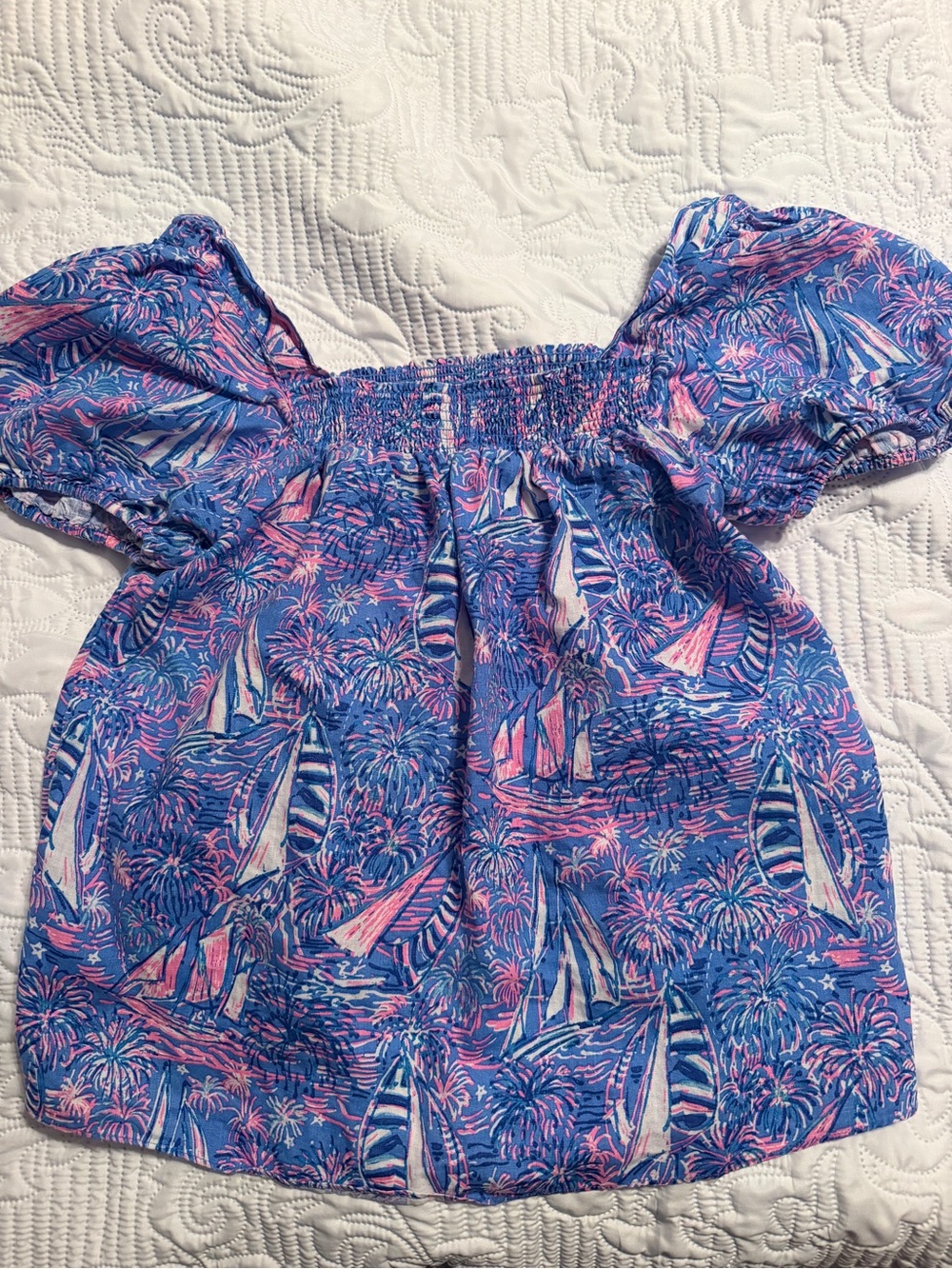Lilly Pulitzer Blue & Pink Sailboat Smocked Off (or On) Shoulder Top - Picture 2 of 12